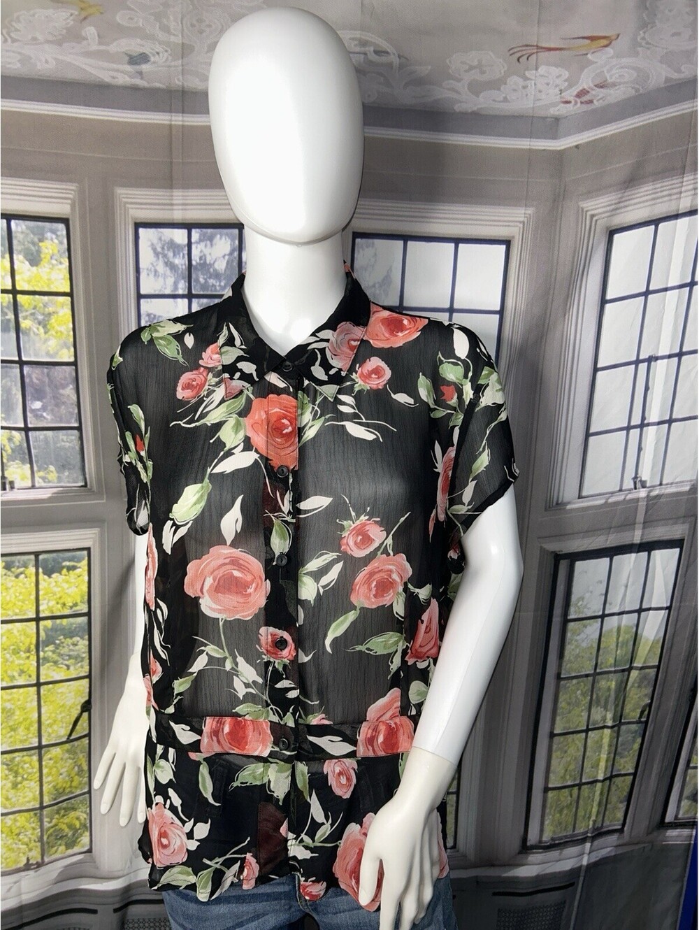 Elementz Sheer Floral Blouse XL Black Pink Rose Button Front Lightweight Top